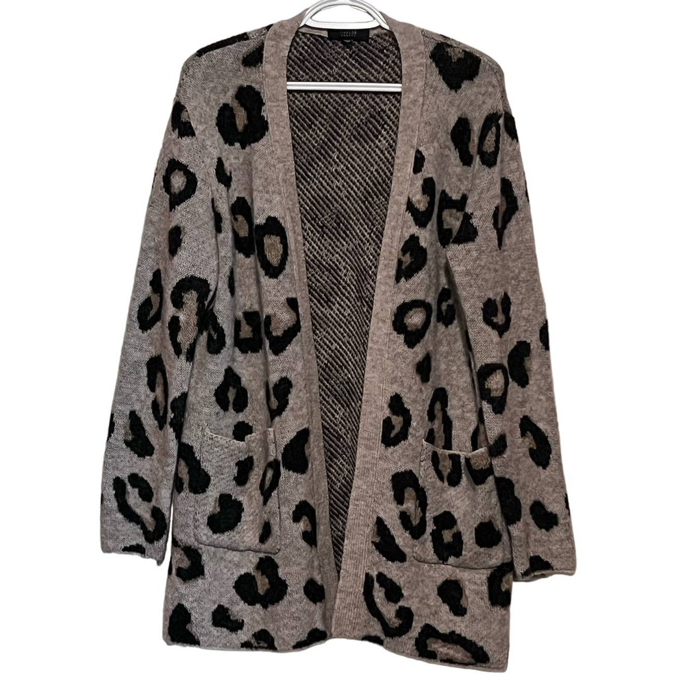 Modern Canvas Women's Open Front Cardigan‎ Black Spots Tan Front Pockets Size M